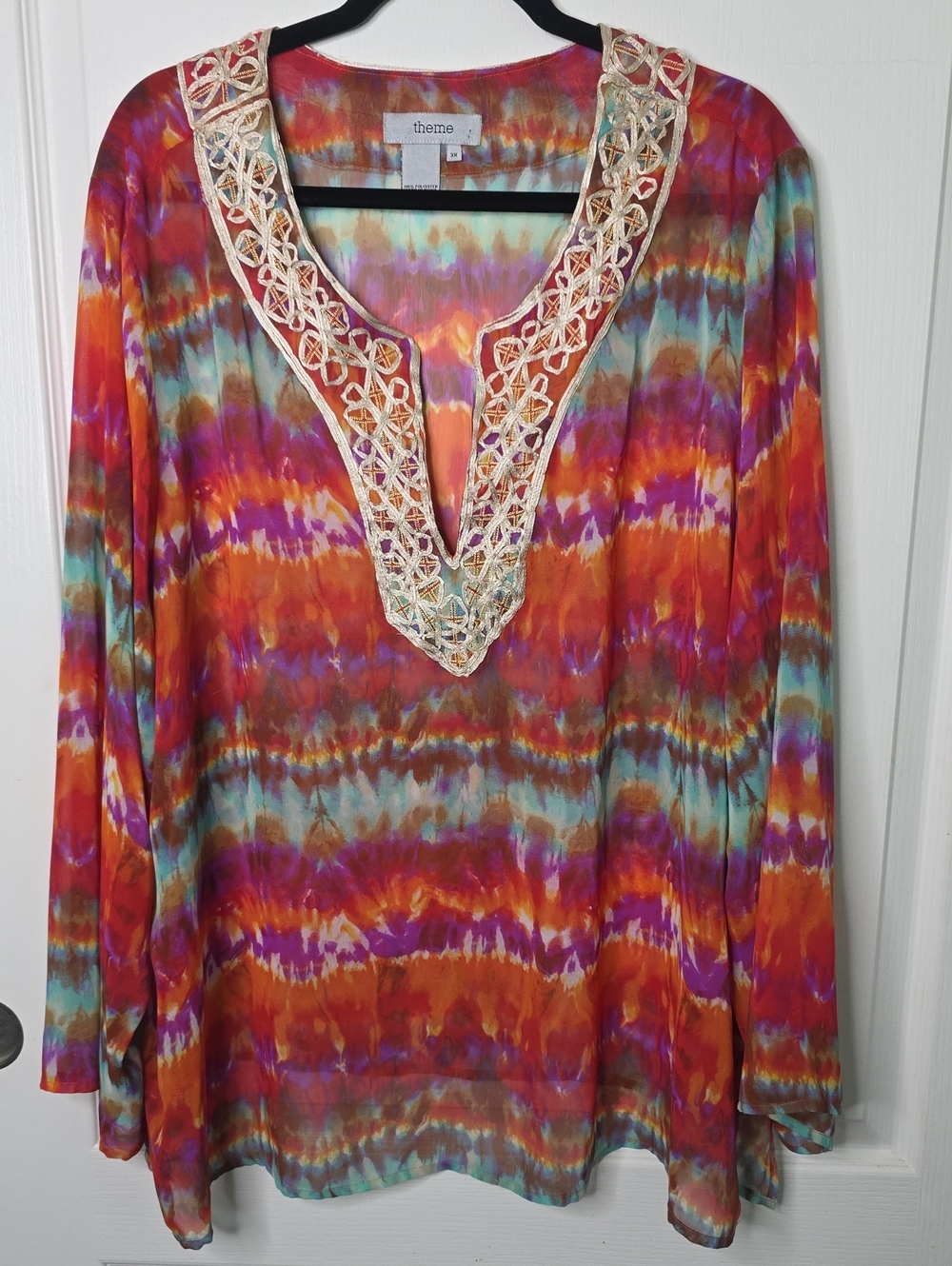 Theme Multicolor Tie-Dye Tunic with Cream Lace V-Neck